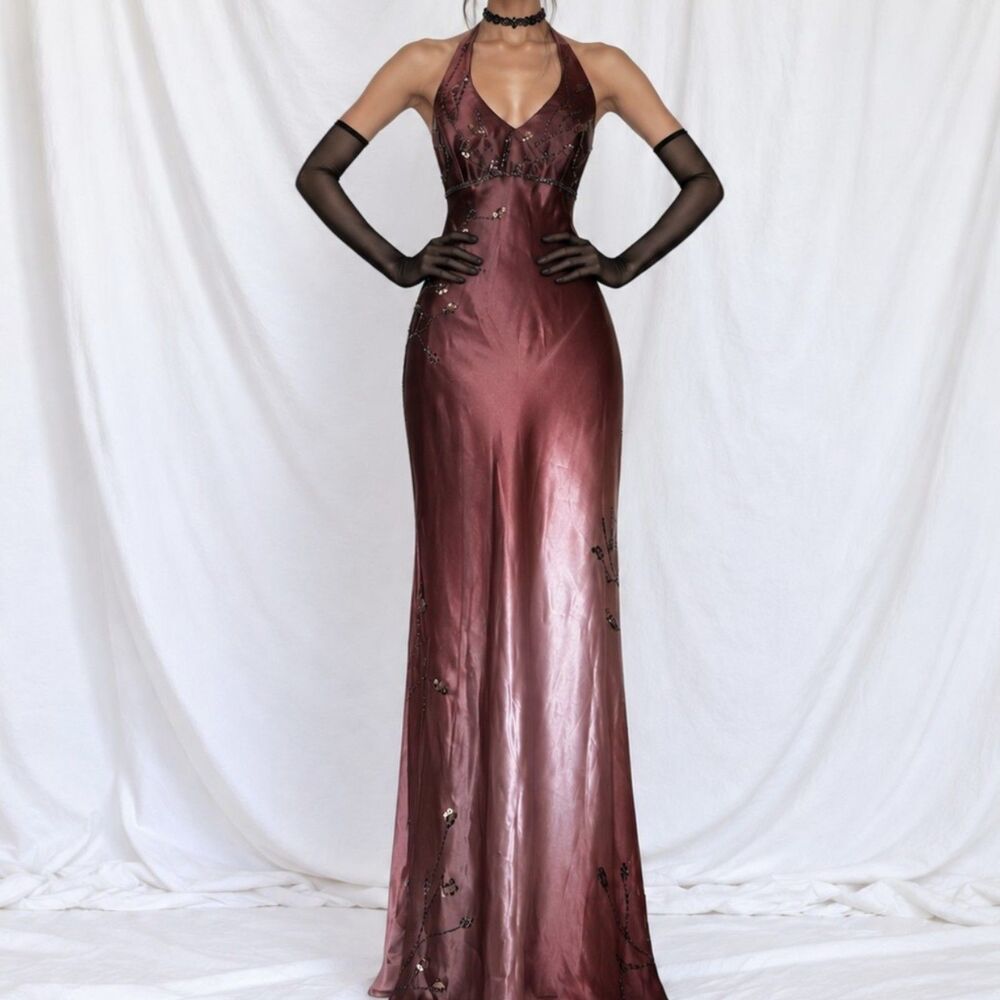 Vintage Y2K Brown Plum Halter Neck Floral Beaded Ombre Satin Maxi Dress Size S